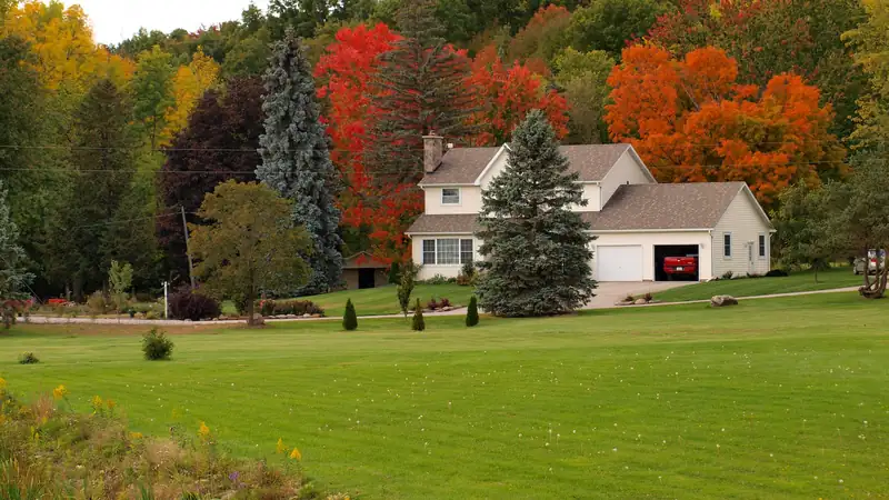 A house with a large green lawn and autumn trees