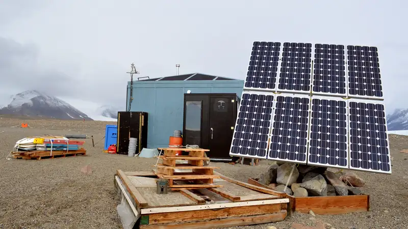 Solar panels powering a remote field camp